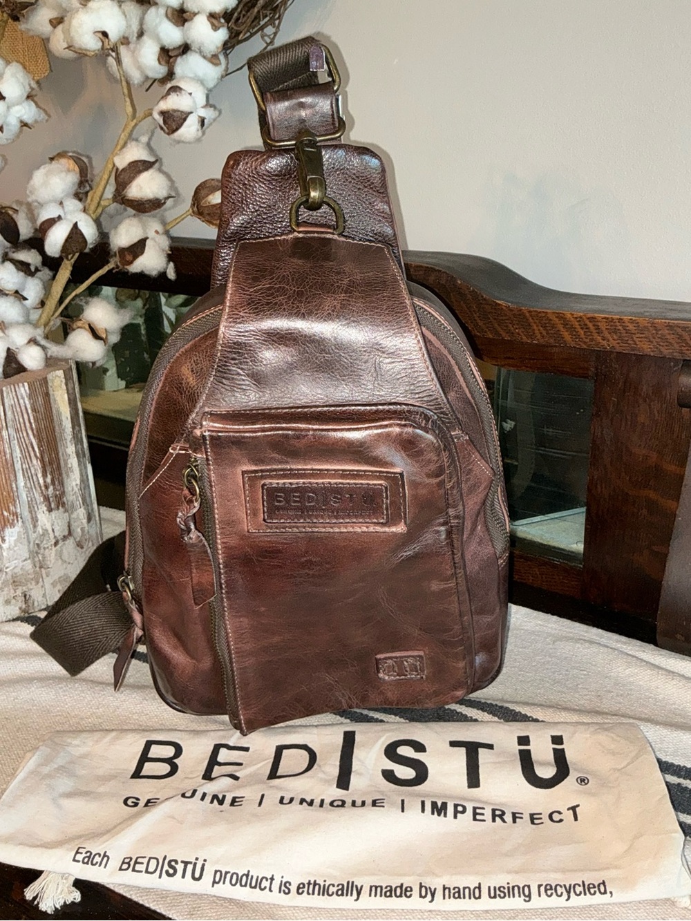 NWOT Bed Stu Leather Beau Backpack Sling Bag Teak Rustic MSRP $260